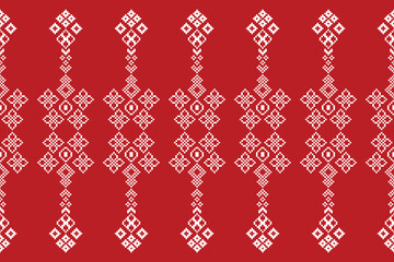 Traditional ethnic motifs ikat geometric fabric pattern cross stitch.Ikat embroidery Ethnic oriental Pixel red background. Abstract,vector,illustration. Texture,christmas,decoration,wallpaper.