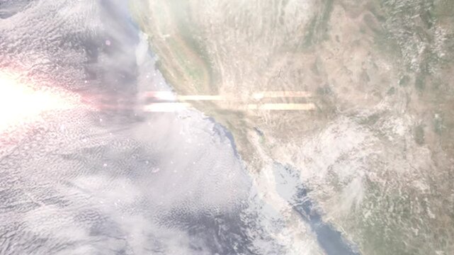 Earth zoom in from space and focus on San Juan Capistrano, California, USA. Background for travel intro or blog. Satellite view. 3D style Animation. Images from NASA.