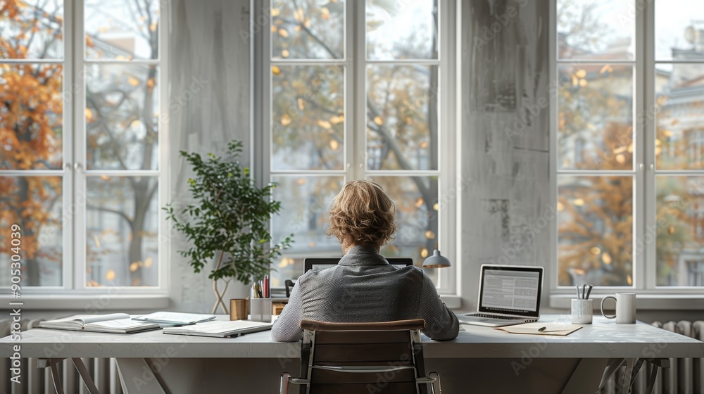 Poster a focused individual working remotely at a bright desk with autumn views. generative ai