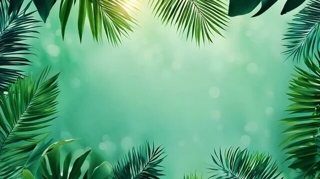 Exotic tropical palm leaves on trendy summer colorful wallpaper with copy space.