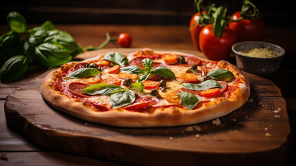 a pizza with pepperoni and basil on a wooden table