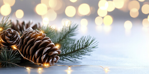 Christmas pine cones and branches with glowing bokeh lights on a light grey background