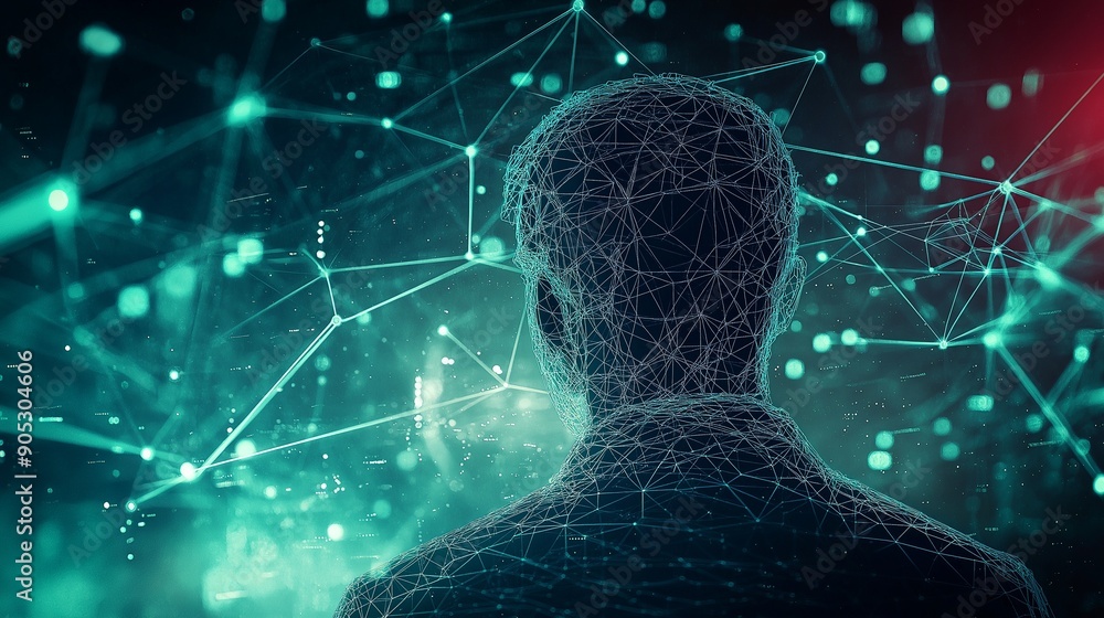 Poster a digital silhouette of a person surrounded by interconnected nodes and lines, symbolizing digital t