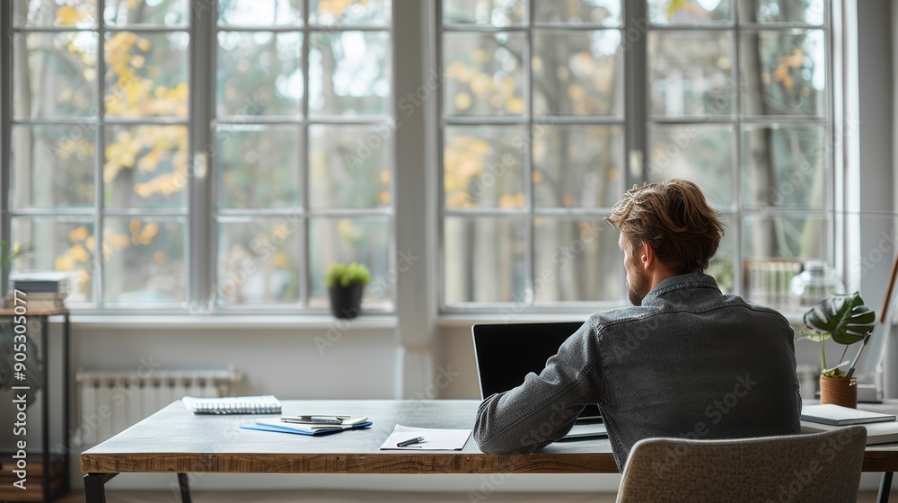 Poster man working at desk on laptop while overlooking autumn landscape through large windows. generative a