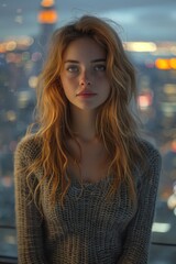 Obraz premium Young woman on a rooftop terrace, looking out at the bustling city below