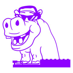 DJ Pink Rhino Smiling Sunglasses Headphone Animal Techno Sound Disco Dance Club Music Party Time Mixing Console Record Player Vinyl Plate Deejay Mixer Happy Funny Cute Cool Comic Cartoon Drawing Art