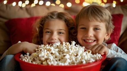 Two siblings happily snacking on popcorn while watching a movie, sharing a special moment filled with laughter and togetherness at home