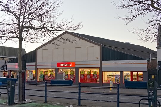 Iceland supermarket on Wide Bargate at sundown, February 22, 2022 in Boston Lincolnshire, UK. 