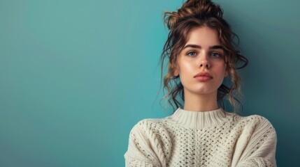 Young woman with a mischievous expression standing against a solid studio background.