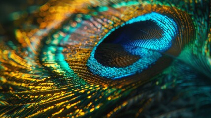 Naklejka premium Iridescent Peacock Feather, vivid blues and greens shimmering, intricate barbules in sharp focus, showcasing the exquisite eye pattern with stunning detail and depth.