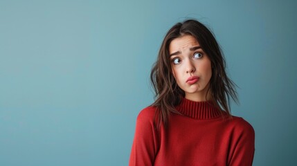 Fototapeta premium Young woman with a confused expression standing against a solid studio background