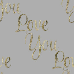 Seamless pattern of Watercolor hand drawn lettering Love You. illustration on grey background. Print, bags, cards, banner, poster, card, design, artistic. Handwritten message, Congratulation, gift
