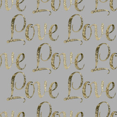 Seamless pattern of Watercolor hand drawn lettering Love. illustration on grey background. Print on t-shirts, bags, cards, banner, poster, card, design, artistic. Handwritten message, Congratulation