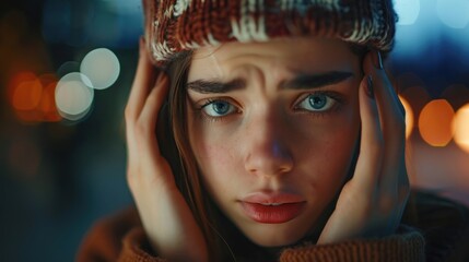 Young woman rubbing her temples with a pained expression, trying to ease her headache after a wild night