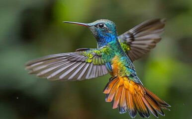 Fototapeta premium Sapphire-throated Hummingbird in Flight Over a National Park, a Majestic Display of Nature's Beauty and Wildlife Conservation Efforts