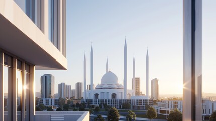 Naklejka premium An urban landscape with a magnificent mosque at the center, surrounded by contemporary architecture and a lively city atmosphere