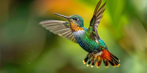 Fototapeta premium Sapphire-throated Hummingbird in Flight Over a National Park, a Majestic Display of Nature's Beauty and Wildlife Conservation Efforts