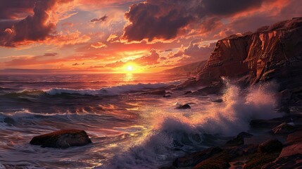 Fototapeta premium Dramatic Sunset with Cliffs Overlooking the Ocean. AI generated illustration.