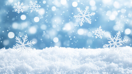 Snow-covered sky blue background with soft white snowflakes, forming a serene Christmas winter design. The sky blue hue adds a tranquil, festive feel.