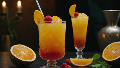 Colorful cocktails with citrus garnishes are served on a dark background, creating a festive atmosphere perfect for summer gatherings
