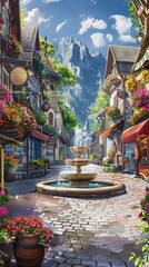 Historic Old Town Square with a Fountain. AI generated illustration