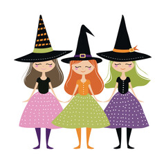 Three cute cartoon witches holding hands, colorful dresses, happy Halloween celebration. Young female witches, polka dot dresses, black pointed hats, Halloween characters. Trio smiling witches