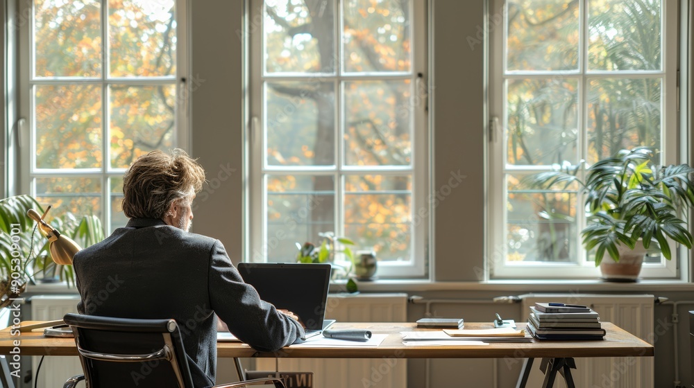 Poster professional man working on laptop at rustic desk in bright office with autumn view. generative ai