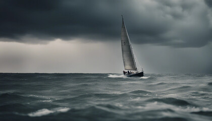A small sailboat racing against time to reach the shore as a sudden thunderstorm rolls in, with dark clouds overhead and wind whipping through the sails.
