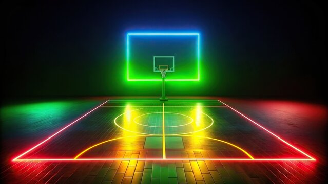 Neon basketball court glowing in red, yellow, and green on a dark background, long shot, intense, night, design, yellow, red, high contrast, street, abstract, colorful, glowing