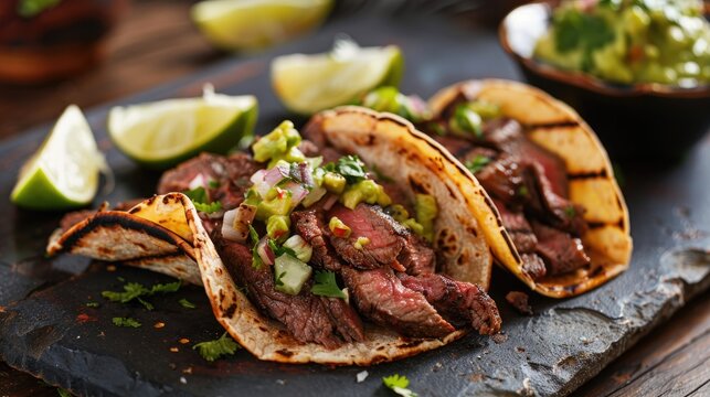Grilled sirloin steak tacos with guacamole on a comal
