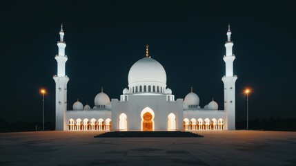 Obraz premium Elegant mosque with intricate designs, surrounded by neon city lights, a harmonious blend of tradition and contemporary urban scenery