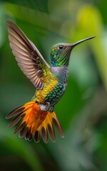 Fototapeta premium Sapphire-throated Hummingbird in Flight Over a National Park, a Majestic Display of Nature's Beauty and Wildlife Conservation Efforts