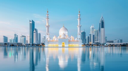 Fototapeta premium Exquisite mosque with detailed carvings, bathed in neon hues, framed by the towering neon structures of a modern city, showcasing cultural fusion