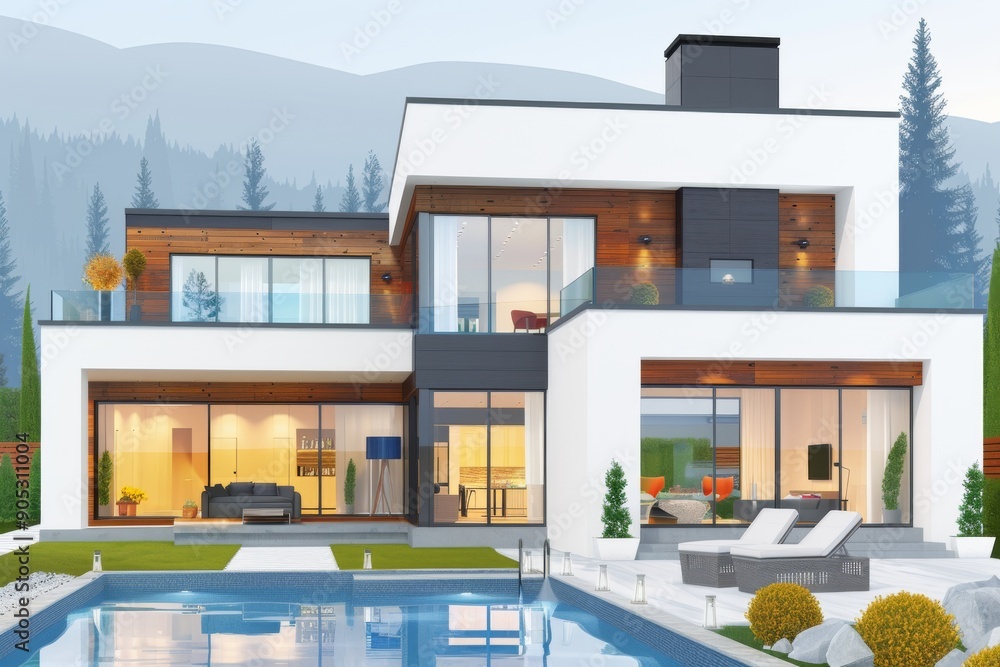 Poster minimalist modern house with a luxurious pool at dusk, showcasing clean lines and an open layout des
