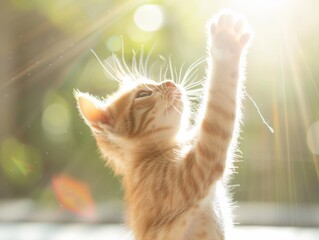 Playful Kitten in Sunlit Kitchen Reaching for Toy, Daytime Energy and Cuteness Captured in Natural Light