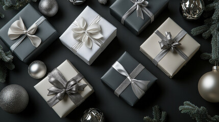 Overhead shot of elegant gift boxes wrapped in silver and white, surrounded by opulent tree ornaments, on a dark ash gray backdrop with space for messages. The setup is luxurious and festive.