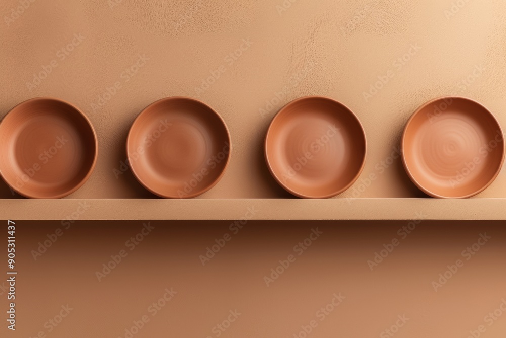 Poster blurry symmetrical terracotta plates in brown dining room - abstract culinary art with smooth tones 