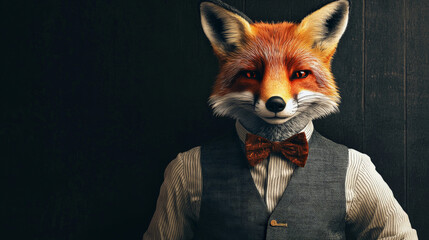 Portrait of a handsome fashionable fox. The fox is wearing a sleek vest and a bow tie, striking a confident and stylish pose.