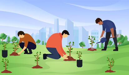 reforestation concept vector illustration, Reforestation with planting tree seeds, Environmental activists plant tree seedlings in country side forest area