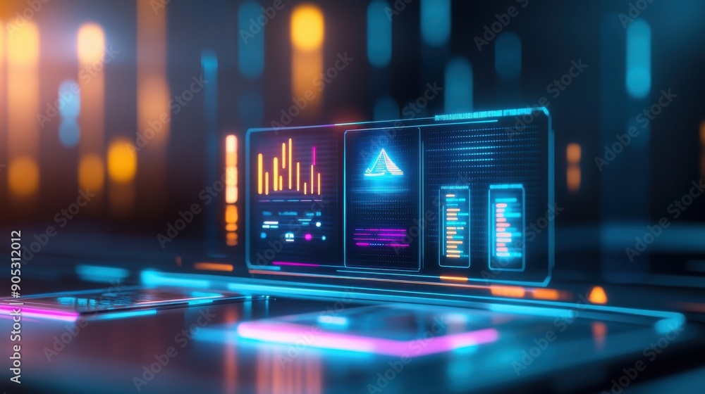Poster futuristic smartphone display with glowing data analytics, charts, and alert notifications in a digi