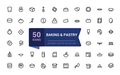 Baking and pastry editable stroke outline minimal icons set. Outline icon collection. Editable stroke. Vector illustration.
