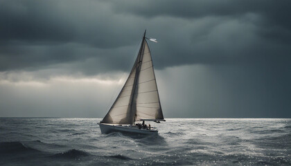 Fototapeta premium A small sailboat racing against time to reach the shore as a sudden thunderstorm rolls in, with dark clouds overhead and wind whipping through the sails. 