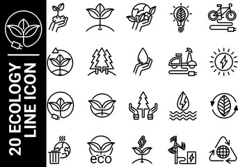20 ecology line icon, black and white