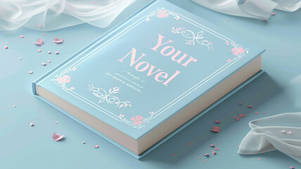 A paper book with a cover and a title that says "Your Novel". The book is light blue and has a white and pink design. The book contains a novel that has a genre and a plot of your choice. 