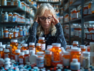 an elderly woman amongst a sea of medical pills and capules, illustrating the concepts of substance abuse, addiction, polypharmacy, multiple medications, drug interactions
