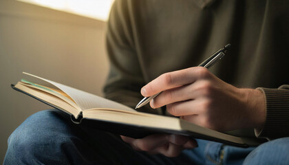 Young man writing with his left hand in a notebook. Concept of being left-handed.