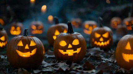 Fototapeta premium Candlelit Halloween Pumpkins, eerie carved faces glowing in darkness, creating a haunting atmosphere for a spooky night celebration.