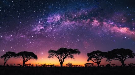 Silhouette of African trees under the Milky Way at sunrise