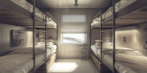 Designing Minimalist Hostel Rooms with Metal Bunk Beds and Clean Linens. Concept Hostel Accommodation, Bunk Beds, Minimalist Design, Clean Linens, Travel Comfort