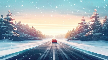 Snowy winter road and car